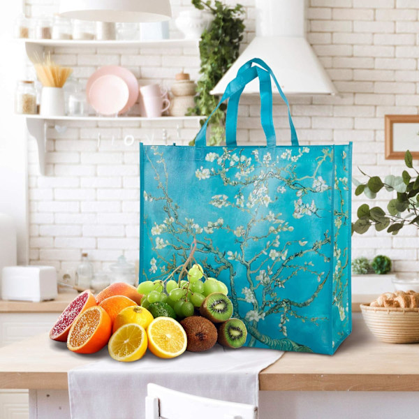 6 kpl ruokakasseja uudelleenkäytettäviä mantelikukkia ostoskasseja vedenpitävä kangaskassi lahjakassit 50LBS Multicolourflower
