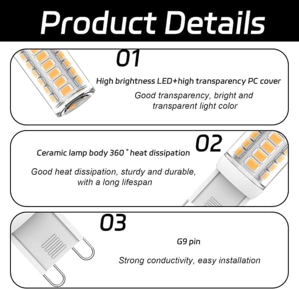 G9 LED-pærer 3W - Varmhvit - 5-pakning
