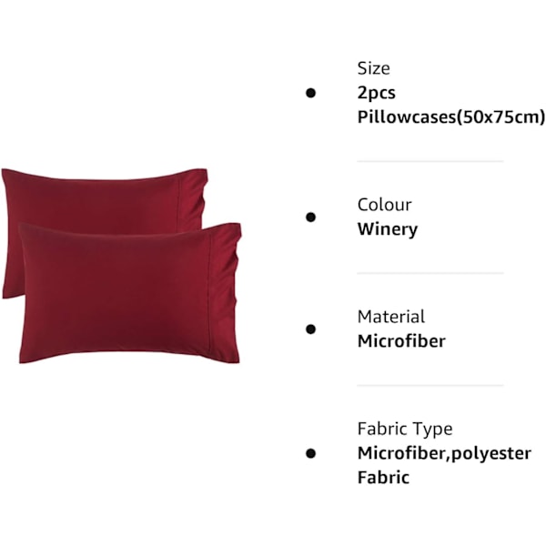 Putevar 2-pak Winery - Rød børstet polyester mikrofiber putevar med konvoluttlukking, 50 x 75 cm Winery 2pcs Pillowcases(50x75cm)