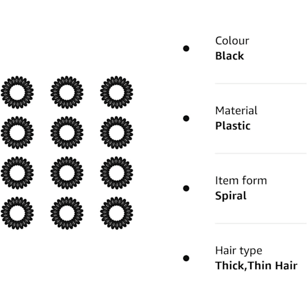 Hårstrikk, 12 stk. svarte plastspolebånd, spiral hestehaleholder telefonledning Bobbles båndsett for kvinner jenter hårtilbehør black