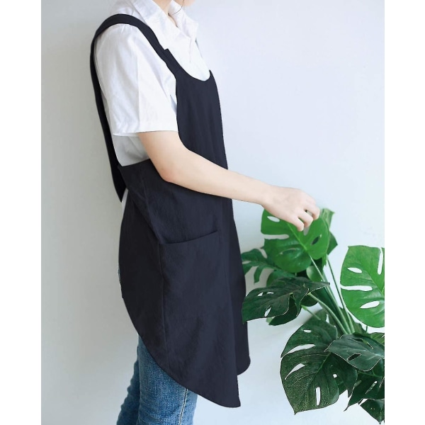 Japansk hørkors Ryg Køkkenforklæder til mænd med lommer til bagning Maling Havearbejde Rengøring Sort