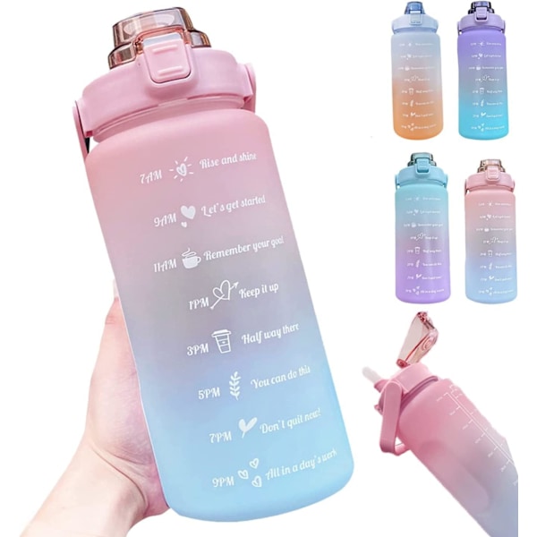 2 Liters Vannflaske, 2L Vannflaske med Sugerør, Lekkasjetett Sportsvannflaske med Tidmerker, Stor Motiverende Vannflaske for Trening, C Pink Blue 2 Litre