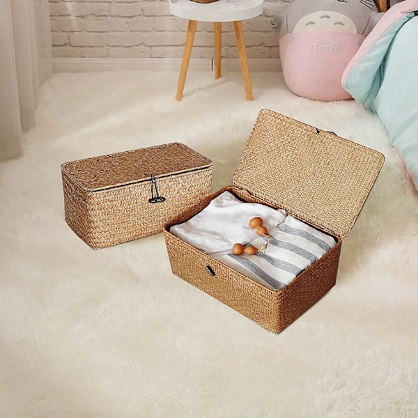 ker Opbevaringskurv Flettet Rattan Opbevaringsboks Med Låg Søgræs Vasketøjskurve Makeup Organizer Til Badeværelse, Stue, Køkken (S)