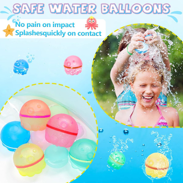 6 stk Blæksprutteformede Genanvendelige Vandballoner Selvforseglende Hurtig Fyld, Genopfyldbare Vandkugler til Børn, Vandbombe Splash Balls Legetøj Festartikler 6 Pcs Octopus