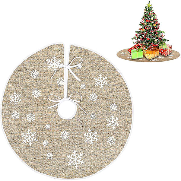 Julgransmatta av linne, julgransmatta för julgran retro, med vita snöflingor tryckta, för julgran, juldekoration