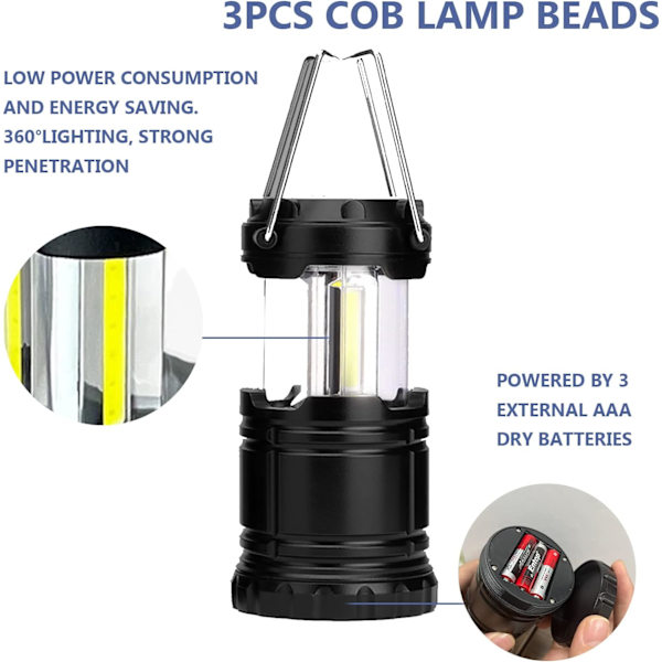 Campinglampor, 2 x Campinglykta Batteridriven Bärbar LED Campinglampa med Vikbar Hacke, Tältlampor Vattentät Utomhus Hängande Lampa för E Black