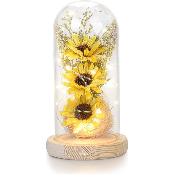 Solsikkegaver til mor bestemor, kunstig solsikke i glasskuppel med LED-lys til kvinner på bursdagsdagen