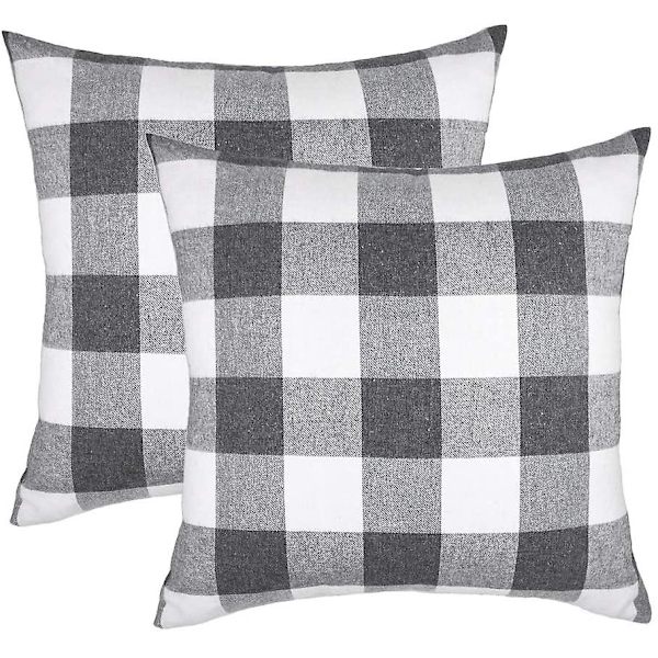Set med 2 bondgårdsstilar Buffalo Check Rutig Kuddfodral Kuddeöverdrag Polyester för Soffa Grå och Vit, 20 x 20 Tum