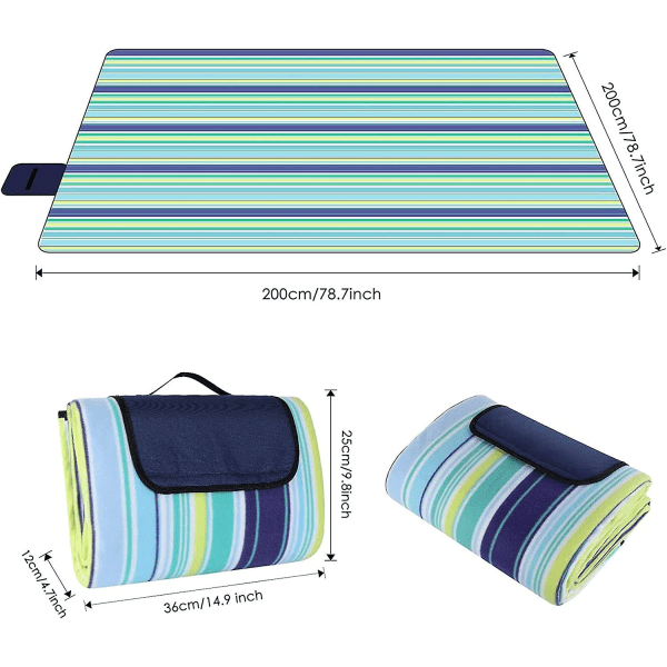 200 X 200 cm stor picknickfilt Vattentät baksida Antisand, strandfilt 3 lager med bärhandtag, picknickmatta utomhus (blå vertikala ränder)
