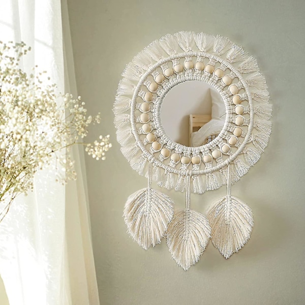 Väggspegel, Boho Macrame Fransad Spegel Med Träpärla Fjäderhänge (beige)