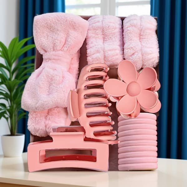 Pakke med 16 bløde hårbånd — Oversized format, mat finish; inkluderer modeller med clips og elastik.