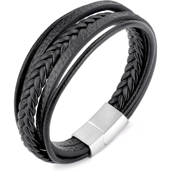 Mænds Ægte Sort Læderarmbånd med Rustfrit Stål Spænde