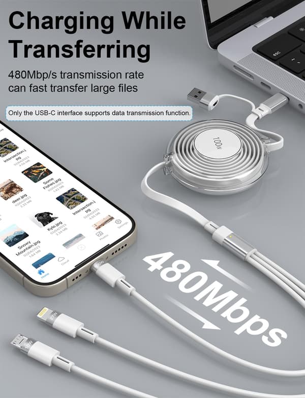 3-i-1 Multi-ladekabel, innebygd iPhone-lader, 100W hurtiglading USB-C/A til Lightning/USB-C/Micro USB telefonladekabel White