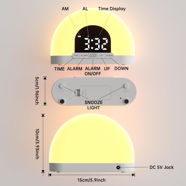 Vekkerklokke med nattlys for nattbordet, digital vekkerklokke med vekkelys, soloppganglampe med dobbel klokke, nattbordslampe med soloppgangsvekker