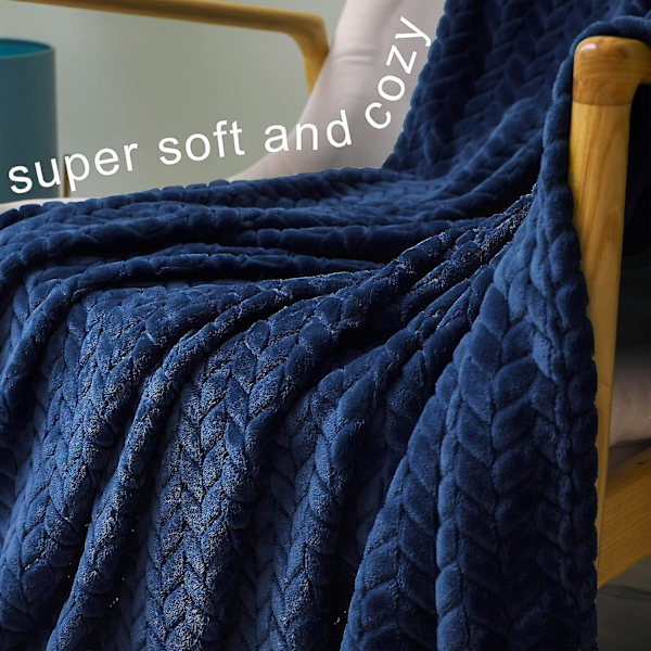 Flannel Fleece Pledd, 127x178 Cm Sofa Pledd, Blød Jacquard Vævet Bladmønster Pledd Til Sofa, Blå Marine Pledd