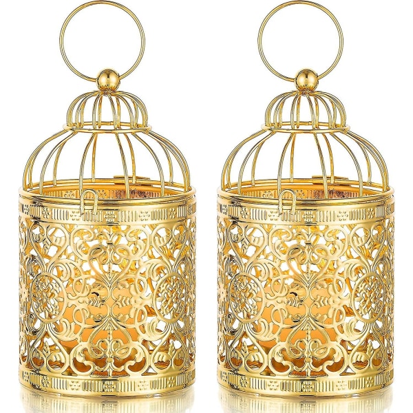 Små metal fyrfadslys hængende fuglebur lanterner, 2 stk guld fyrfadslys lysestager