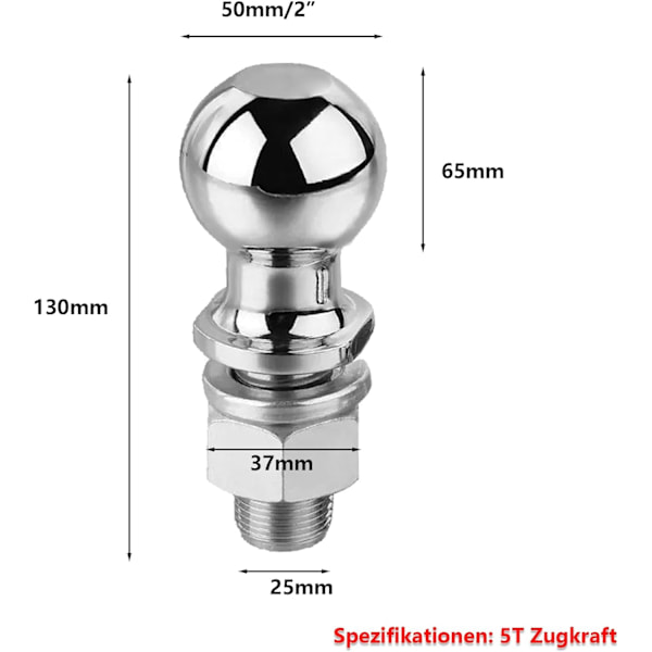 2'' Trailer Hitch Ball 50mm Ball Head Bolt Drawbar Straight Towing Car Tow Bar Receiver, För Dragstång Upp Till 5 Ton Traktorförlängning