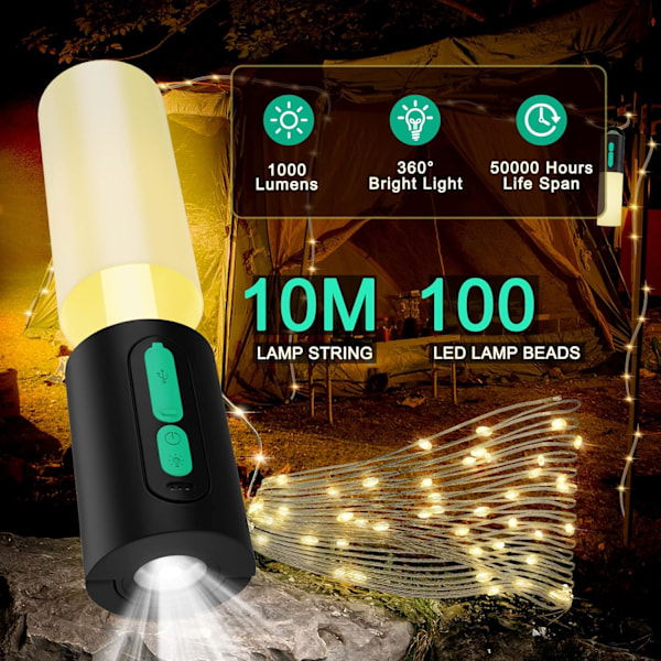 Campinglys, 4 i 1 oppladbar LED campinglanterne med 10M lyslenke, bærbar 4000mAh batteridrevet teltlys med 7 lysmoduser, IPX Black Black