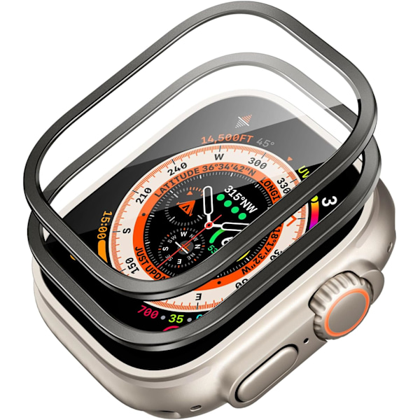 for Apple Watch Ultra 2/1 skærmbeskytter 49mm (2023/2022, 49 mm), militær beskyttelse, hærdet glasbeskytter med rustfrit stål Black