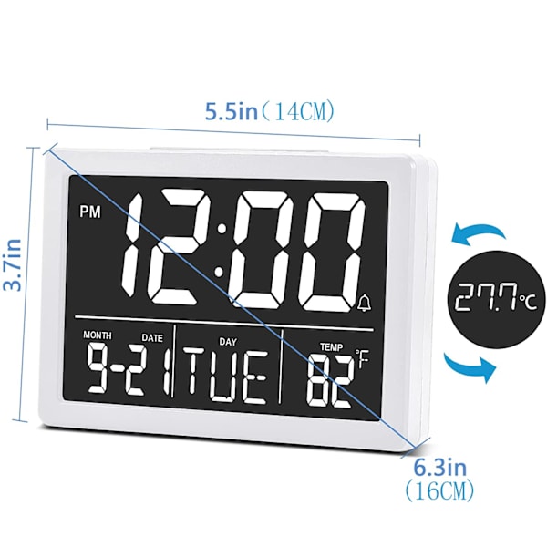 Väckarklocka, Digital Klocka, Elektrisk Digital Klocka med 5,5\" LED-Display, Ljusstyrka, Justerbar Volym, Datum och Temperatur, Bordsklocka för Sängar white