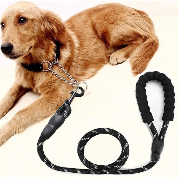 Hundkoppel, hundkoppel med mjukt vadderat handtag, starkt reflekterande trådar 1,5 m Nylon hundkoppelrep, för små, medelstora och stora hundar (svart)