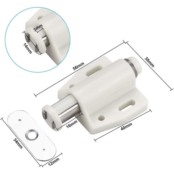 6 stk. magnetisk snap-lås i plast - blød lukning - til dør, skab, skuffe, skab, skydedør, soveværelse, køkken, badeværelse - hvid