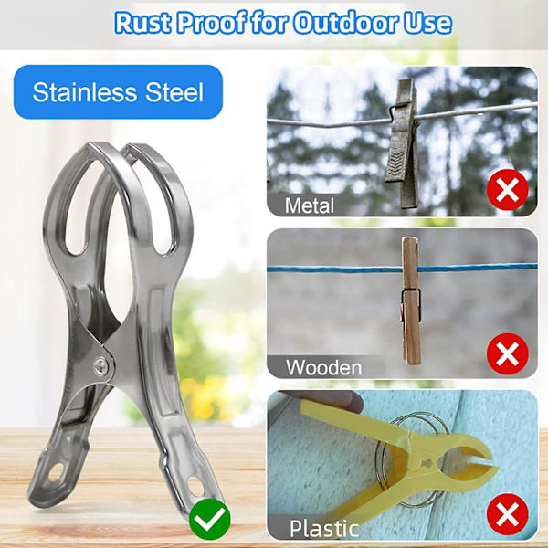 Strandhandduksklämmor - 10-pack Stora Rostfria Klämmor, Stora Tunga Klämmor för Solstolar Poolöverdrag