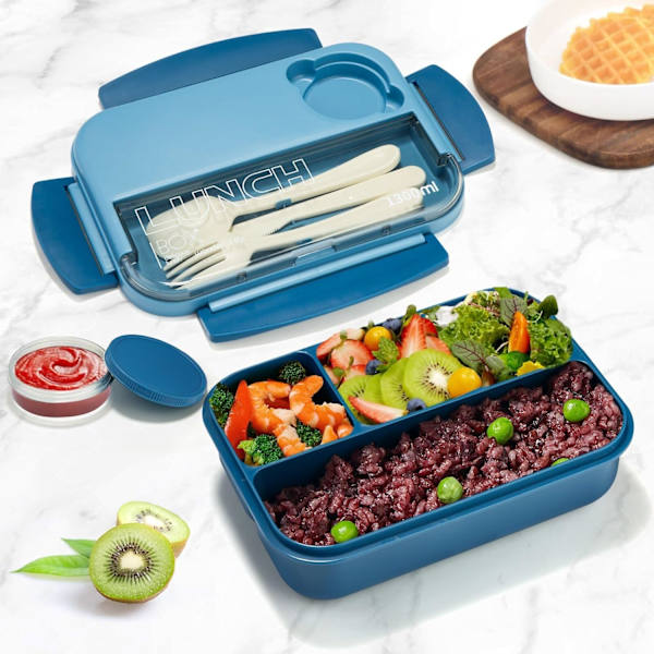 Madkasse, 1300ml Bento Madkasse til Voksne og Børn, Madbeholder med 4 Rum, 4-i-1 Måltidsforberedelsesbeholder med Gaffel & Ske, Mikro Blue