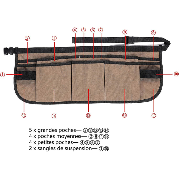 Hageverktøybelte med 13 lommer Vanntett 600d Oxford Belteveske Forkle Justerbart Hageverktøybelte For Kvinner Og Menn (brun-stil C)