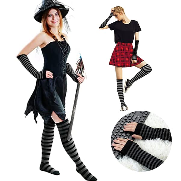 Långa unisex-tumvantar i stickat material med elastiska muddar; svart- och mörkgrårandiga. Dark gray
