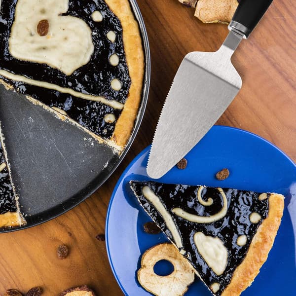 2 stk. tærte serveringssæt i rustfrit stål, kagekniv, takket spatel