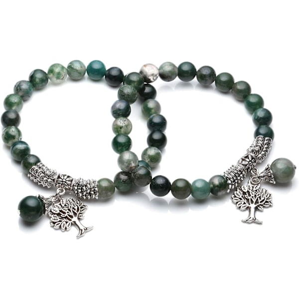 Livets Träd Stretch Armband Reiki Healing Kristall Ädelsten Pärlor Armband, Födelsedag Sten Lycka Sten Smycken (6.2\") Moss Agate