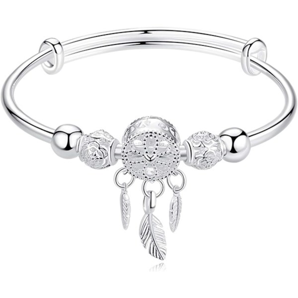 Justerbart armband i silver med drömfångare, tofs, fjäder, runda pärlor och berlockarmband för kvinnor, elegant smycke, väl utformat (färg: silver)