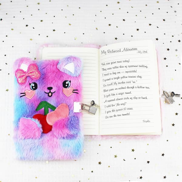 Pigedagbog med lås, plys katte-design, hemmelig børnedagbog, tie-dye notesbog