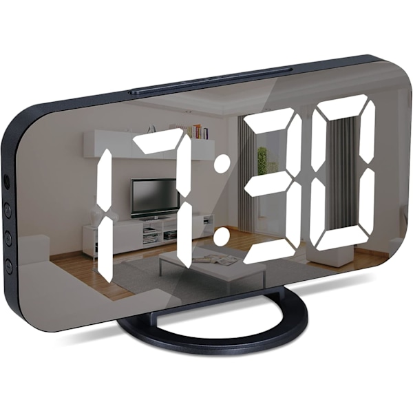 Väckarklocka för sovrum, LED och spegel digital klocka med stor display, med 2 USB-laddningsportar, automatisk dämpning, snooze-funktion, modern skrivbords-/väggklocka Navy Blue