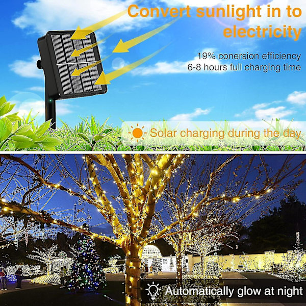 20m Solcelled Lyslenke Utendørs, 200 LED Lyslenke Utendørs Solcelle Varmt Hvit 8 Moduser LED Lyslenke Solcelle Utendørs Lyslenke Dekorasjon For Hage