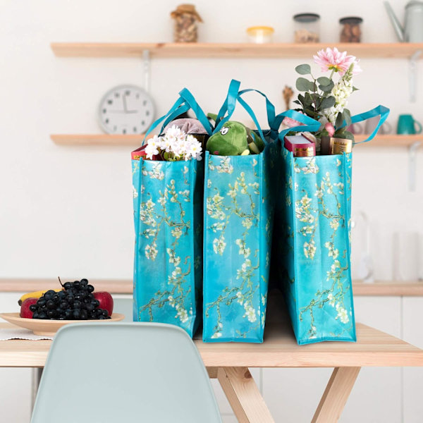 6 kpl ruokakasseja uudelleenkäytettäviä mantelikukkia ostoskasseja vedenpitävä kangaskassi lahjakassit 50LBS Multicolourflower
