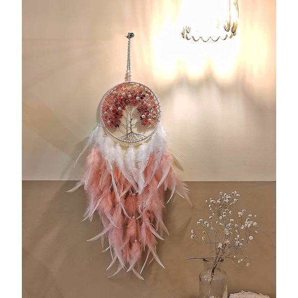 Vaaleanpunainen unensieppari Tree Of Life -seinäkoristelu, luonnollinen parantava kristallikive, käsintehty unenkaltainen unensieppaaja lahja