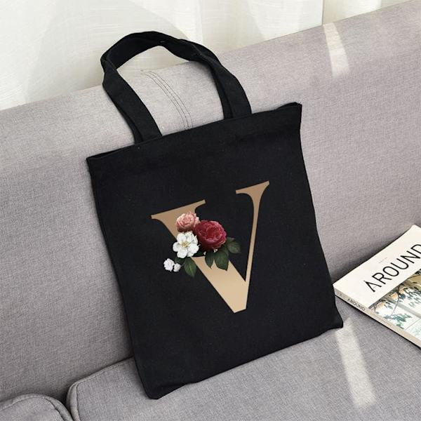 26 bokstäver tryckt canvas återanvändbara matkassar, hopfällbar casual resehandväska, axel strand tote väskor, shopper väska miljövänlig superstark tvättbar Gold V