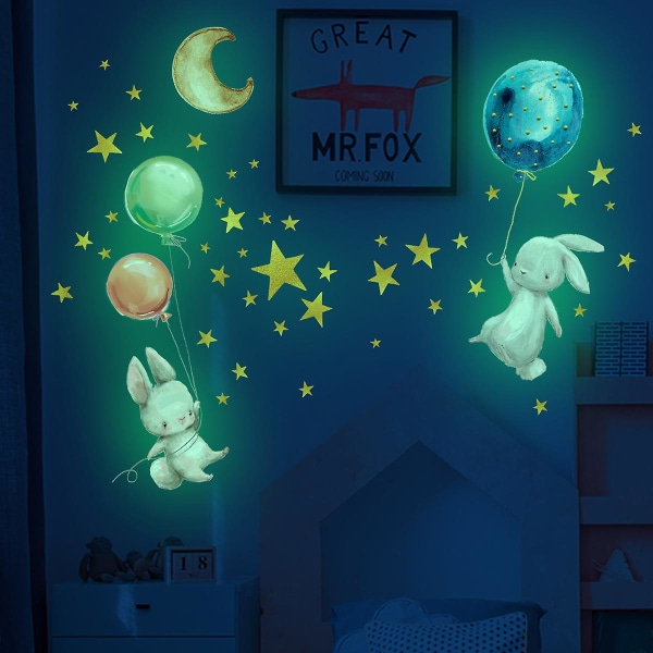 Liten kaninballong selvlysende stjerneveggklistremerke tegneserieveggklistremerke lysende klistremerke Dekorativt veggklistremerke for barnerom