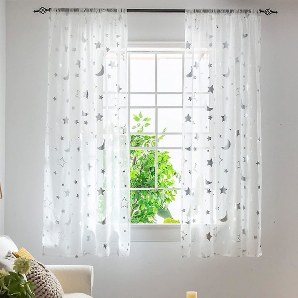 1m lange semi-transparente gardiner til pigers værelse soveværelse smukke måne og stjerner tynde tylgardiner 2 paneler 1m x 1,3m