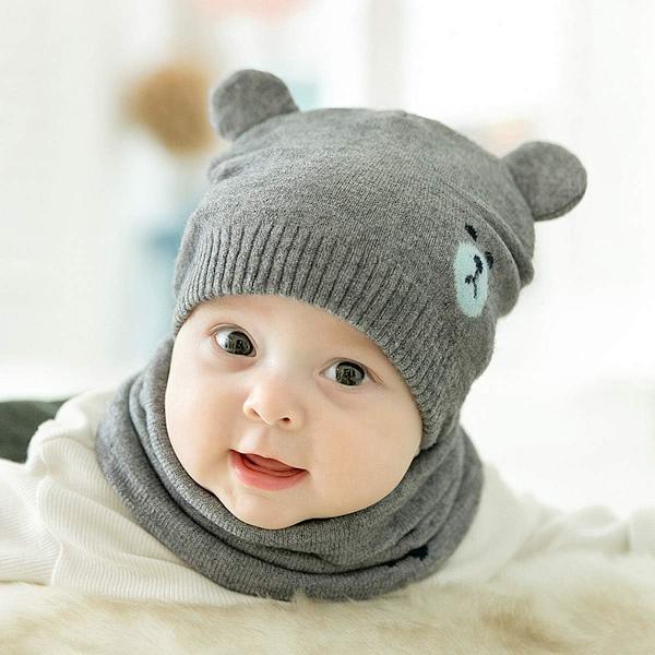 Baby Børn Vinter Varmt Strikket Hue Sjal Sæt, Toddler Børn Varmt Hue Hue Blød Bomuld Hat Sjal Hatte til Baby Piger Drenge Spædbarn Børn 0-36 GRÅ One size