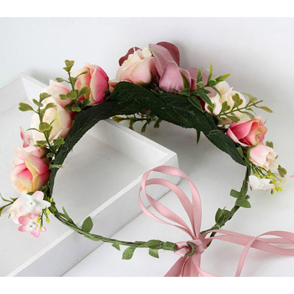 Blomsterkrans Hodebånd Blomsterkrans Krone Hårkrans Hårgirlander Blomsterglorie Blomsterhodeplagg Boho med Bånd Fest Bryllup Festival Rosa 6 1 count (Pack of 1)