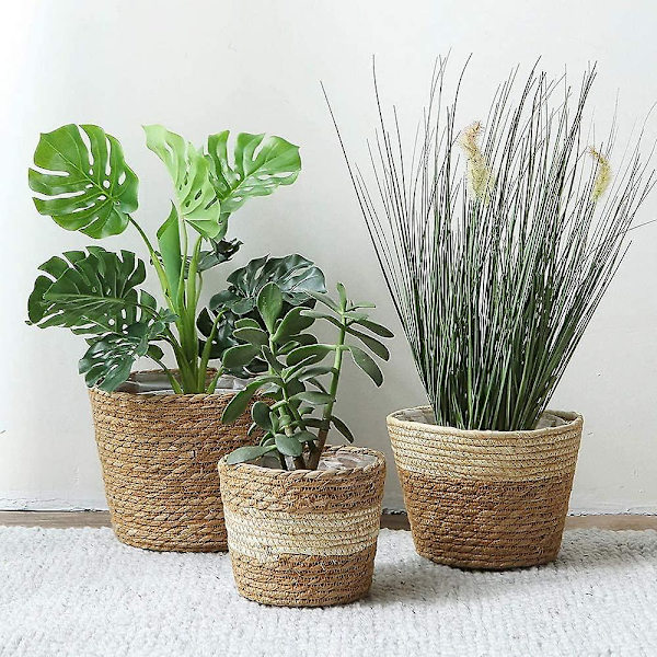3 stk. Søgræs Plantepotte Kurv, 3 Størrelser Vævet Plantepotte Dæksel Blomsterpotter Opbevaringskurv Plantebeholdere Til Hjemmeindretning (beige)