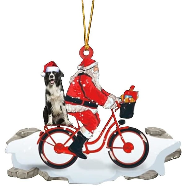 2-pak sjov juletræ vedhæng, sød julemand kører på cykel med en hund. Juletræ hængende håndværk (f)