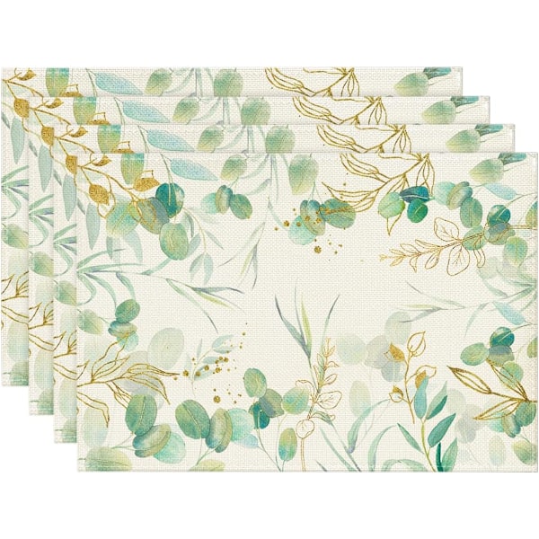 ion Grön Eukalyptus Sommarset med 4 Matskivor, Säsongsbetonad Vårfrukostbord Dekoration Inomhus Semesterfest Dekor 30x45cm Grön/guld 30 x 45 cm