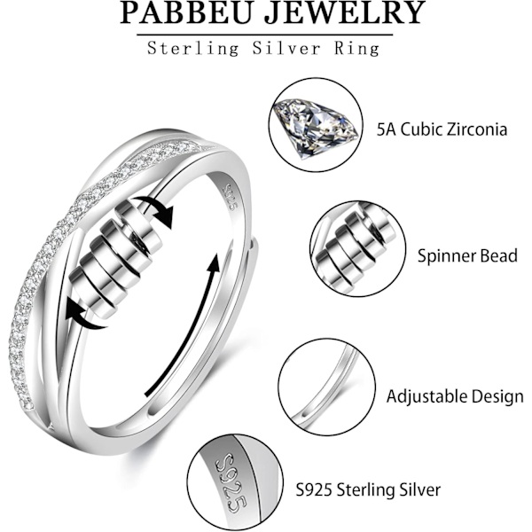 Til Min Datter Fidget Ring Sterling Sølv Angst Ring Justerbar Fidget Ring Stress Spinner Ringe med Perler Kubisk Zirkon Angst Ring til Datter Fidget Ring 5h1g Silver