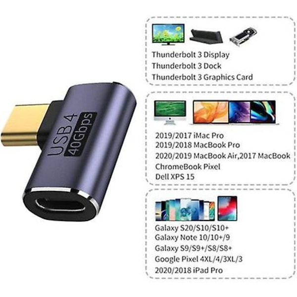 Cy USB-C Hann til Hunn Adapter, USB 4 Type C 90 Grader Venstre og Høyre Vinklet 100W 8K Video Strøm Data 2-pakning
