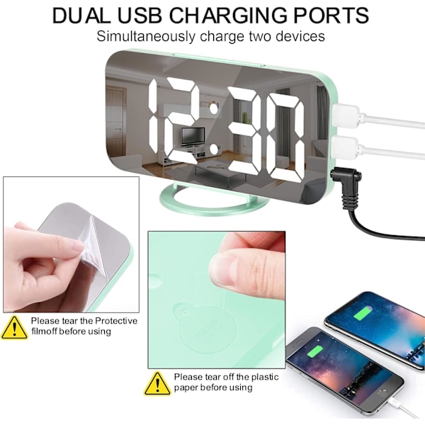 Digital Klocka med Stor Display, Väckarklocka med Spegel, 2 USB-Laddningsportar, Automatisk Dämpning, Snooze, Liten Elektrisk Klocka för Sovrum Kontor Green
