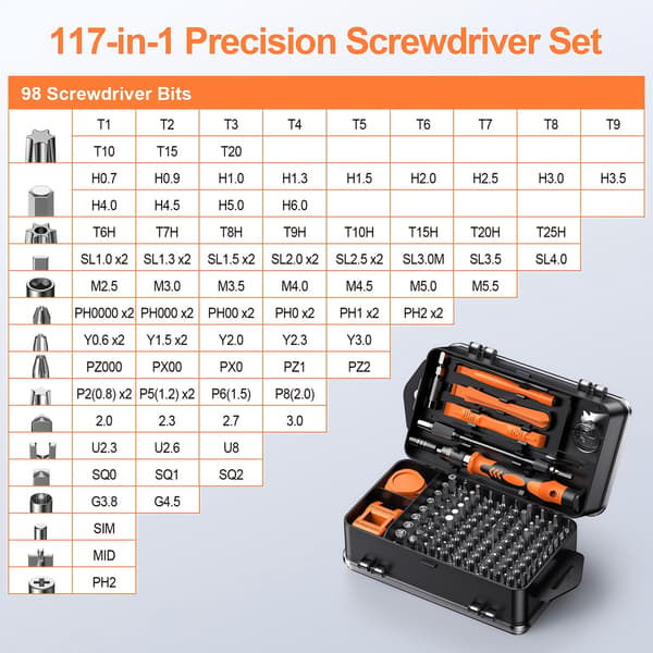117-i-1 præcisionsskruetrækkersæt — Dette mini-reparationssæt indeholder Torx- og Tri-wing-bits.